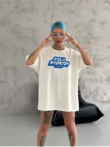 Kadın Kısa Kol Yazlık Tişört Bisiklet Yaka Baskılı Oversize T-shirt - Beyaz