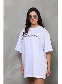 Kadın Baskılı T-shirt Kısa Kol Bisiklet Yaka Oversize Rahat Kalıp Günlük Tişört - Beyaz
