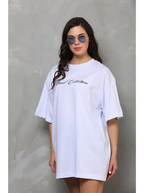 Kadın Baskılı T-shirt Kısa Kol Bisiklet Yaka Oversize Rahat Kalıp Günlük Tişört - Beyaz