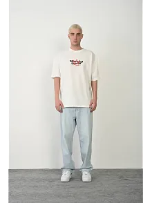 Erkek Kısa Kol Yazlık Tişört Bisiklet Yaka Baskılı Oversize T-shirt - Beyaz