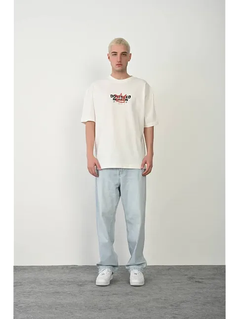 Erkek Kısa Kol Yazlık Tişört Bisiklet Yaka Baskılı Oversize T-shirt - Beyaz