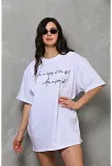 Kadın Kısa Kol Yazlık Tişört Bisiklet Yaka Baskılı Oversize T-shirt - Beyaz
