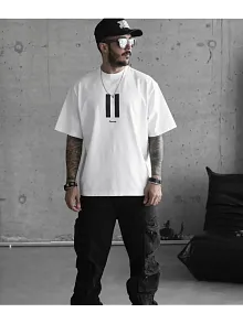 Erkek Kısa Kol Yazlık Tişört Bisiklet Yaka Baskılı Oversize T-shirt - Beyaz