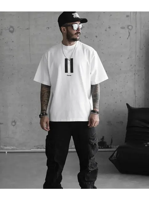 Erkek Kısa Kol Yazlık Tişört Bisiklet Yaka Baskılı Oversize T-shirt - Beyaz