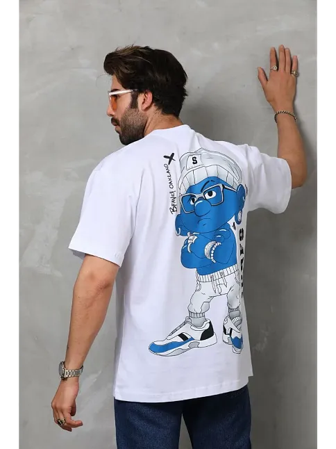 Erkek Kısa Kol Yazlık Tişört Bisiklet Yaka Baskılı Oversize T-shirt - Beyaz
