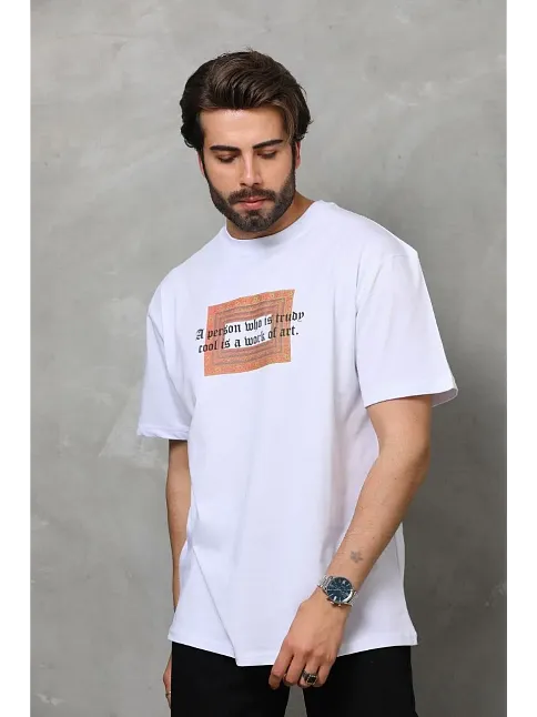 Erkek Baskılı T-shirt Kısa Kol Bisiklet Yaka Regular Fit Rahat Kalıp Tişört -  Beyaz
