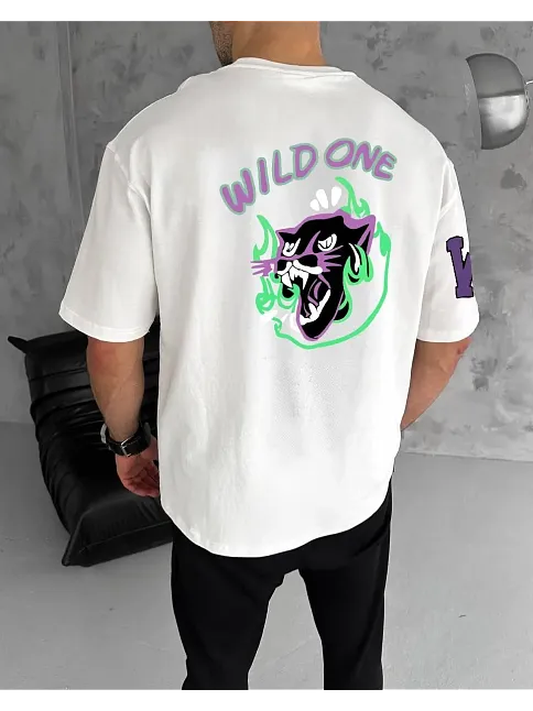 Erkek Kısa Kol Tişört Bisiklet Yaka W Wildone Baskılı T-shirt - Beyaz