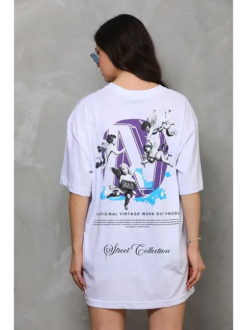 Kadın Baskılı T-shirt Kısa Kol Bisiklet Yaka Oversize Rahat Kalıp Günlük Tişört - Beyaz