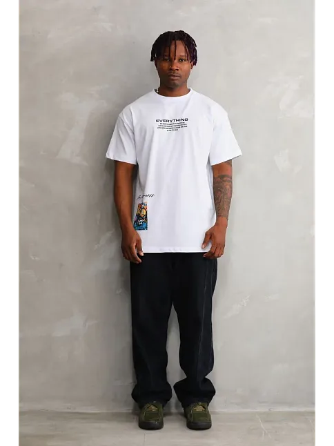 Erkek Bisiklet Yaka Baskılı Oversize T-shirt - Beyaz