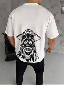 Erkek Kısa Kol Tişört Bisiklet Yaka Yıldırım Baskılı Oversize T-shirt - Beyaz