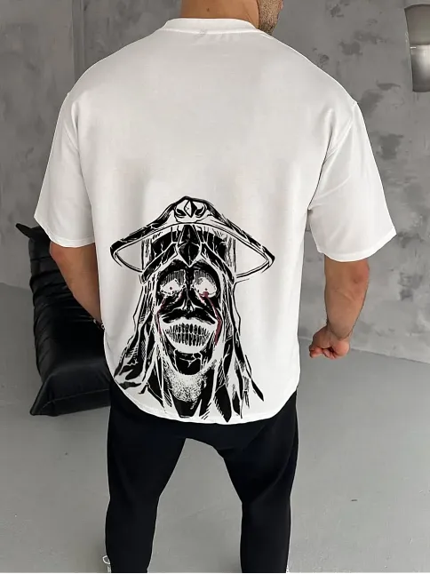 Erkek Kısa Kol Tişört Bisiklet Yaka Yıldırım Baskılı Oversize T-shirt - Beyaz