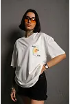 Kadın Bisiklet Yaka Baskılı Oversize Kısa Kol T-shirt - Beyaz