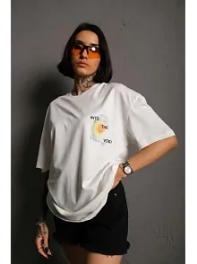 Kadın Bisiklet Yaka Baskılı Oversize Kısa Kol T-shirt - Beyaz