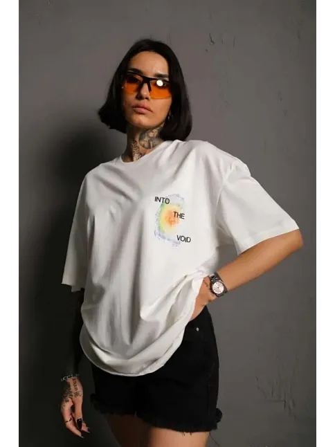 Kadın Bisiklet Yaka Baskılı Oversize Kısa Kol T-shirt - Beyaz