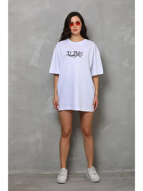 Kadın Kısa Kol Yazlık Tişört Bisiklet Yaka Baskılı Oversize T-shirt - Beyaz