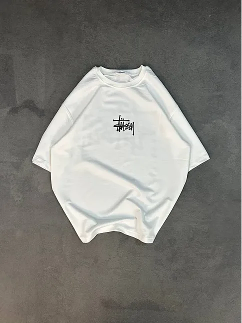 Erkek Tişört Bisiklet Yaka Baskılı Oversize Kısa Kol T-shirt - Beyaz
