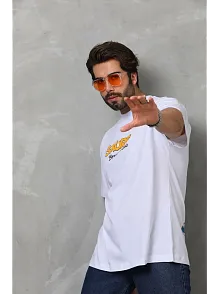 Erkek Kısa Kol Yazlık Tişört Bisiklet Yaka Baskılı Oversize T-shirt - Beyaz