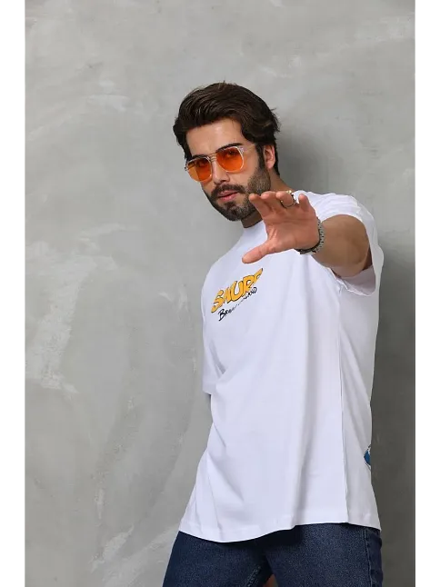 Erkek Kısa Kol Yazlık Tişört Bisiklet Yaka Baskılı Oversize T-shirt - Beyaz