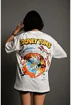 Kadın Bisiklet Yaka Baskılı Oversize Kısa Kol  T-shirt - Beyaz