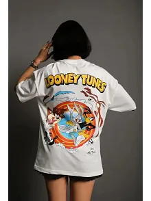 Kadın Bisiklet Yaka Baskılı Oversize Kısa Kol  T-shirt - Beyaz