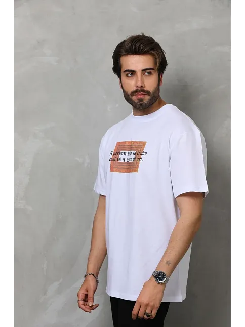 Erkek Baskılı T-shirt Kısa Kol Bisiklet Yaka Regular Fit Rahat Kalıp Tişört -  Beyaz
