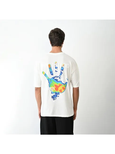 Erkek Kısa Kol Yazlık Tişört Bisiklet Yaka Baskılı Oversize T-shirt - Beyaz