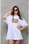 Kadın Baskılı T-shirt Kısa Kol Bisiklet Yaka Oversize Rahat Kalıp Tişört - Beyaz