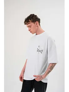 Erkek Kısa Kol Yazlık Tişört Bisiklet Yaka Baskılı Oversize T-shirt - Beyaz