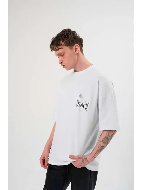 Erkek Kısa Kol Yazlık Tişört Bisiklet Yaka Baskılı Oversize T-shirt - Beyaz