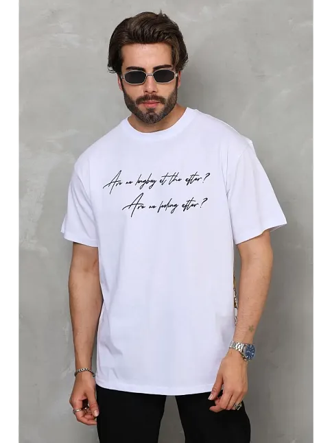 Erkek Kısa Kol Yazlık Tişört Bisiklet Yaka Baskılı Oversize T-shirt - Beyaz