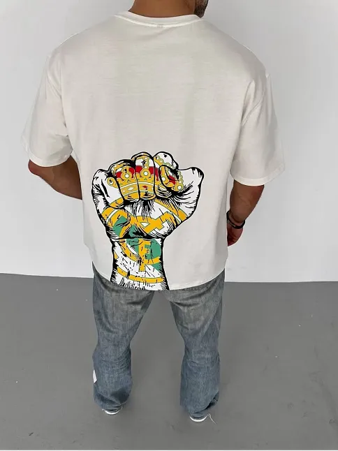 Erkek Kısa Kol Yazlık Tişört Bisiklet Yaka Baskılı Oversize T-shirt - Beyaz