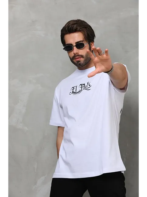 Erkek Kısa Kol Yazlık Tişört Bisiklet Yaka Baskılı Oversize T-shirt - Beyaz