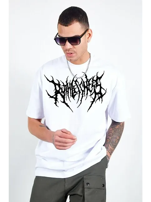 Erkek Kısa Kol Yazlık Tişört Bisiklet Yaka Baskılı Oversize T-shirt - Beyaz