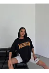 Kadın Baskılı T-shirt Kısa Kol Bisiklet Yaka Oversize Tişört - Siyah