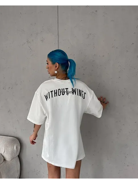 Kadın Kısa Kol Yazlık Tişört Bisiklet Yaka Baskılı Oversize T-shirt - Beyaz