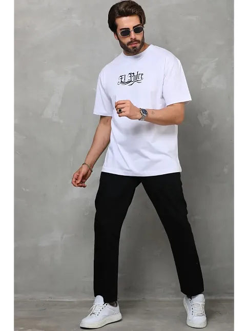 Erkek Kısa Kol Yazlık Tişört Bisiklet Yaka Baskılı Oversize T-shirt - Beyaz