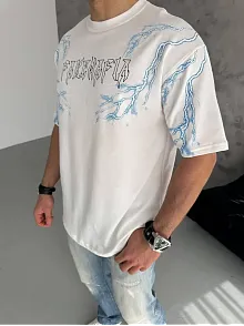 Erkek Bisiklet Yaka Tişört Yıldırım Şimşek Baskılı Kısa Kol T-shirt - Beyaz