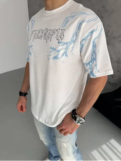 Erkek Bisiklet Yaka Tişört Yıldırım Şimşek Baskılı Kısa Kol T-shirt - Beyaz