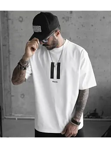 Erkek Kısa Kol Yazlık Tişört Bisiklet Yaka Baskılı Oversize T-shirt - Beyaz