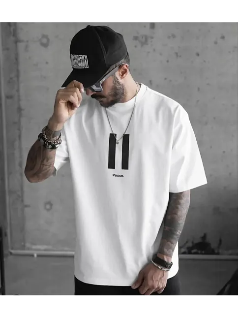 Erkek Kısa Kol Yazlık Tişört Bisiklet Yaka Baskılı Oversize T-shirt - Beyaz