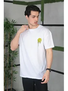 Erkek Kısa Kol Yazlık Tişört Bisiklet Yaka Baskılı Oversize T-shirt - Beyaz