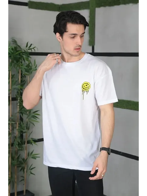 Erkek Kısa Kol Yazlık Tişört Bisiklet Yaka Baskılı Oversize T-shirt - Beyaz