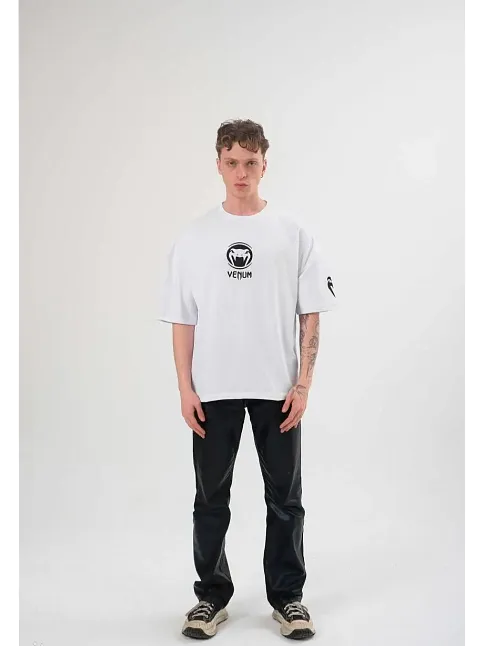 Erkek Kısa Kol Tişört Göğüs Ve Kol Bisiklet Yaka Baskılı T-shirt - Beyaz
