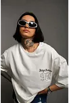 Kadın Bisiklet Yaka Baskılı Oversize Kısa Kol  T-shirt - Beyaz