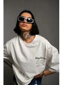 Kadın Bisiklet Yaka Baskılı Oversize Kısa Kol  T-shirt - Beyaz