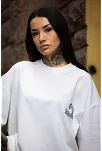 Kadın Tişort Bisiklet Yaka Baskılı Yazlık Kısa Kol Oversize T-shirt - Beyaz