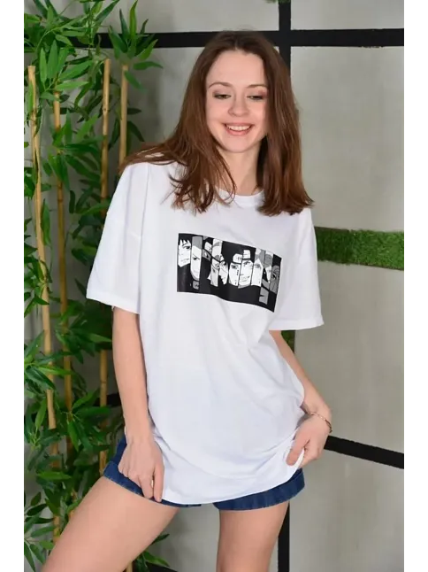 Kadın Bisiklet Yaka Baskılı  Kısa Kol Oversize T-shirt - Beyaz