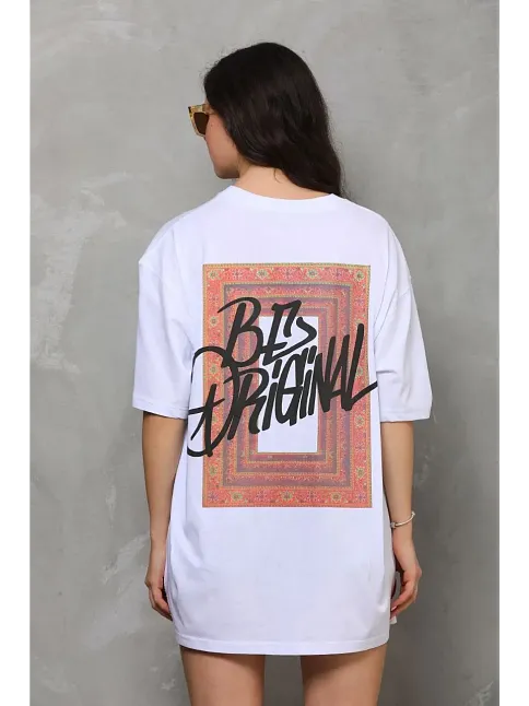 Kadın Baskılı T-shirt Kısa Kol Bisiklet Yaka Oversize Rahat Kalıp Tişört - Beyaz
