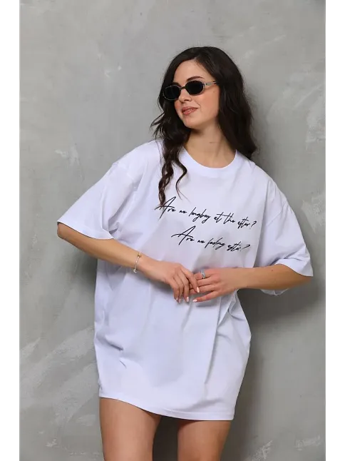 Kadın Kısa Kol Yazlık Tişört Bisiklet Yaka Baskılı Oversize T-shirt - Beyaz