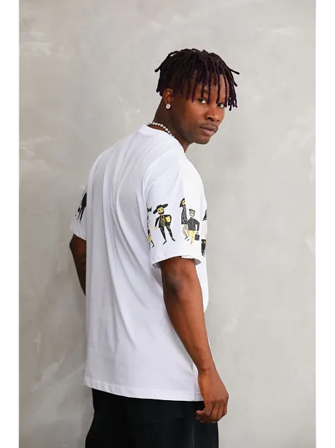 Erkek Kısa Kol Yazlık Tişört Bisiklet Yaka Baskılı Oversize T-shirt - Beyaz